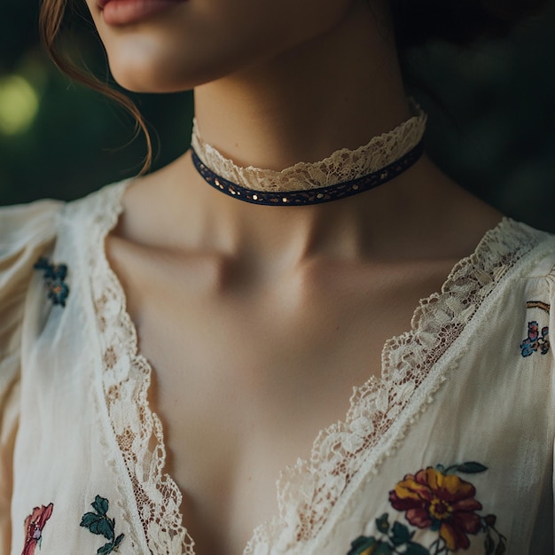 a woman wearing a necklace with a black strap that says quot hijab quot