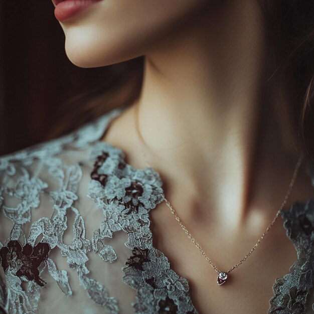 a woman wearing a necklace with a diamond on it