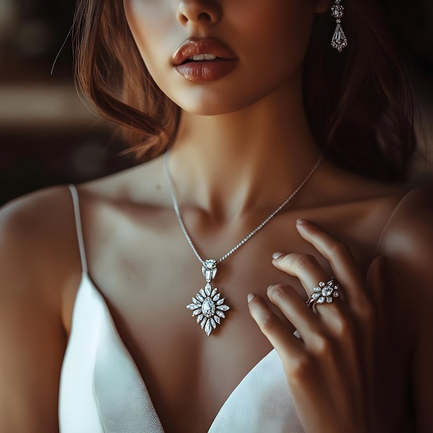 a woman wearing a necklace with a diamond on it