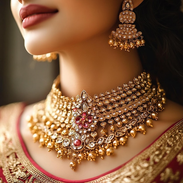 a woman wearing a necklace with diamonds and diamonds