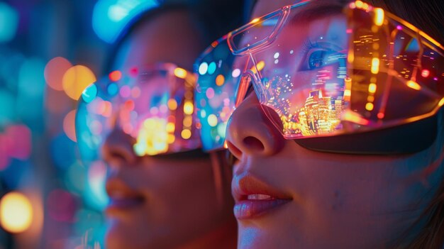 A woman wearing neon glasses with city reflections creating a vibrant futuristic atmosphere full of colorful lights