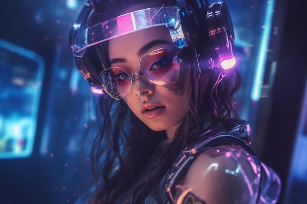 A woman wearing a neon glasses with the word cyberpunk on the front.