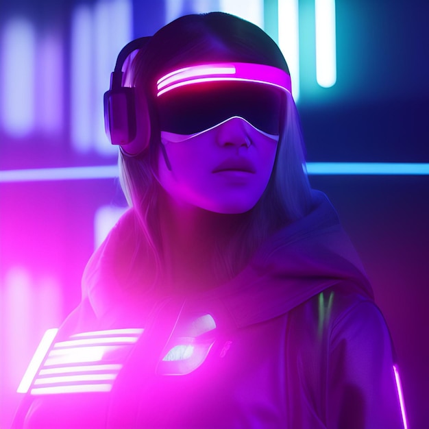 A woman wearing a neon light and a neon light that says'cyberpunk'on it