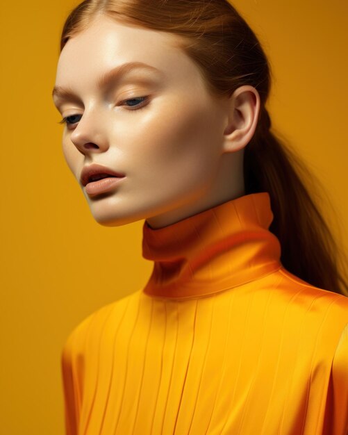 A woman wearing an orange dress and sporting a long ponytail exuding elegance and style