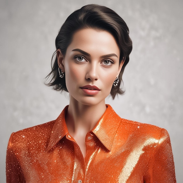 Photo a woman wearing an orange dress with a gold sequins on it