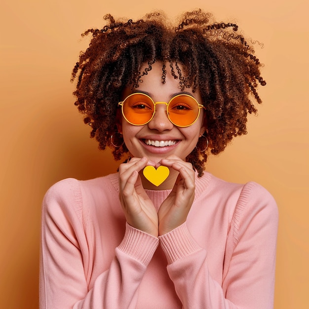 a woman wearing orange glasses with a heart shaped tag that says quot love quot