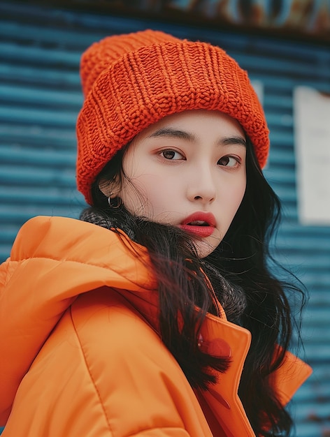 Photo a woman wearing an orange hat with a red lips and a black hair band