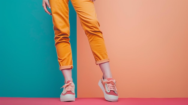 a woman wearing orange pants and a pink and blue background