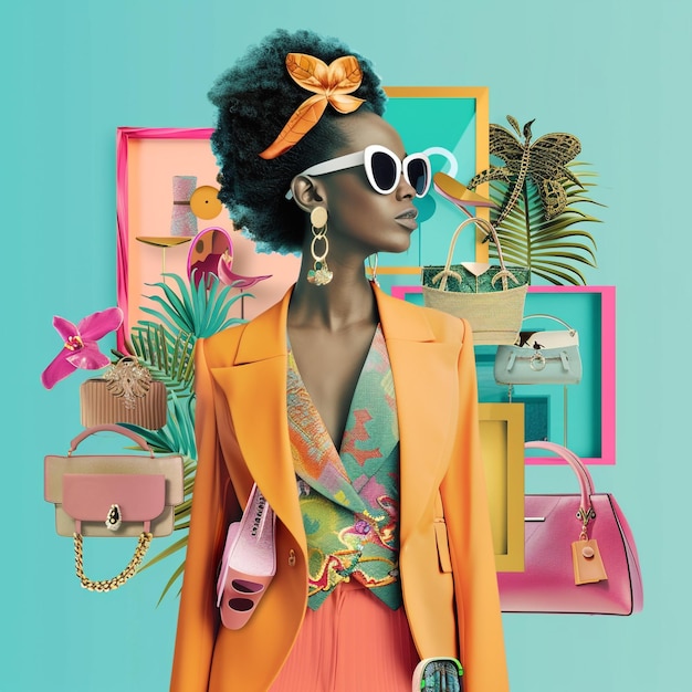 Photo a woman wearing a orange suit and sunglasses is standing in front of a colorful wall with a palm tree and a purse