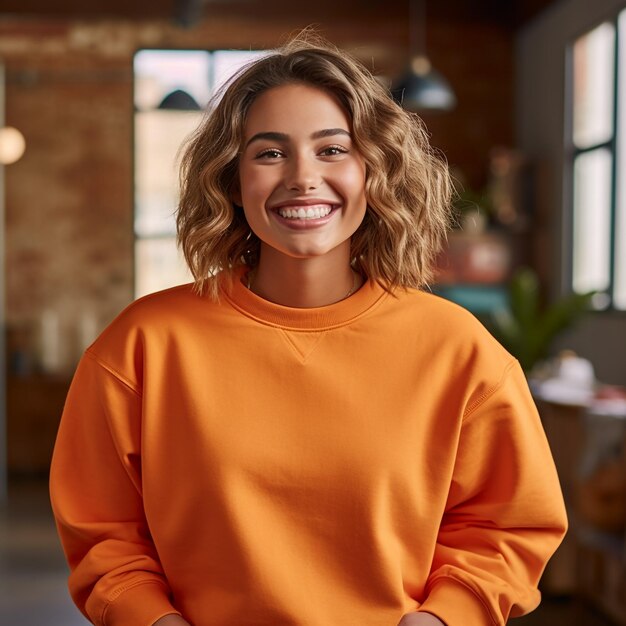 A woman wearing an orange sweater smiles at the camera.