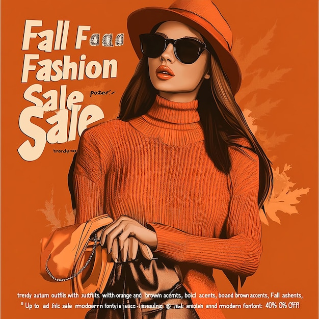 Photo woman wearing orange sweater white shorts sunglasses holding brown bag fall fashion poster chic and modern font