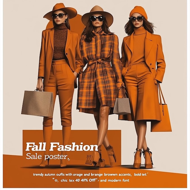 Woman wearing orange sweater white shorts sunglasses holding brown bag Fall Fashion poster chic and modern font