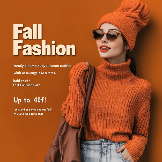 Photo woman wearing orange sweater white shorts sunglasses holding brown bag fall fashion poster chic and modern font