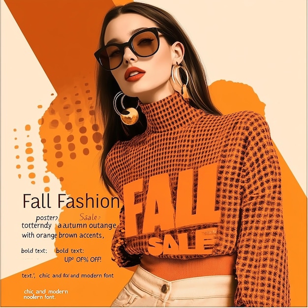 Photo woman wearing orange sweater white shorts sunglasses holding brown bag fall fashion poster chic and modern font