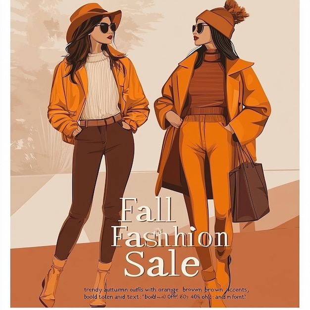 Photo woman wearing orange sweater white shorts sunglasses holding brown bag fall fashion poster chic and modern font