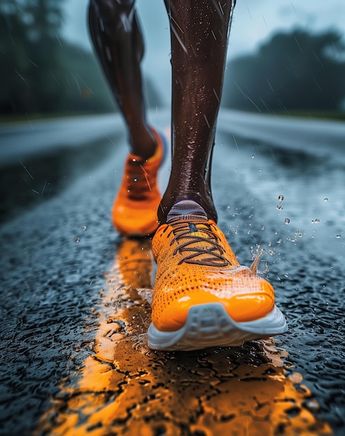 a woman wearing orange and yellow shoes is walking on a wet road with water splashing on the ground