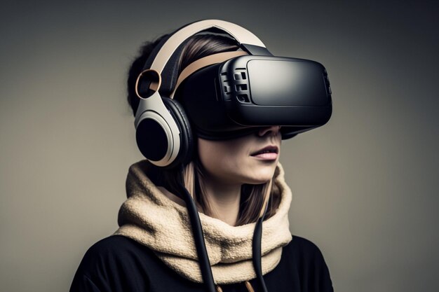 A woman wearing a pair of black vr headset with a white scarf.