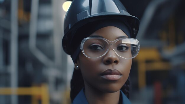 A woman wearing a pair of glasses stands in front of a factory building.