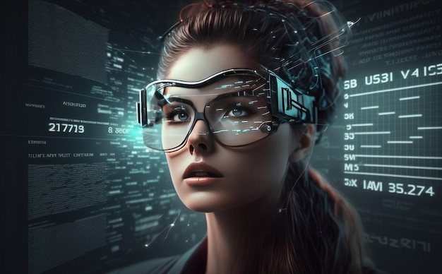 A woman wearing a pair of glasses with the word vr on it.