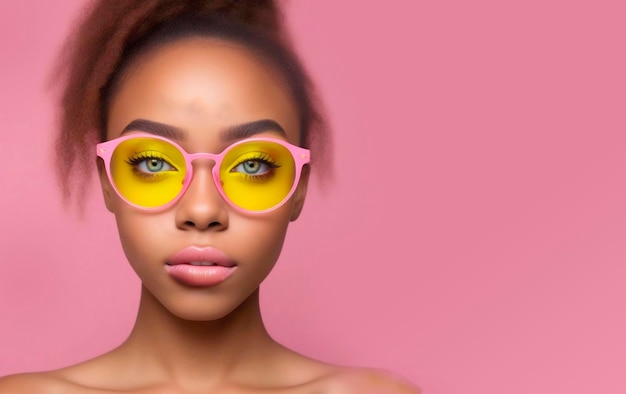 a woman wearing a pair of neon pink glasses with yellow eyes