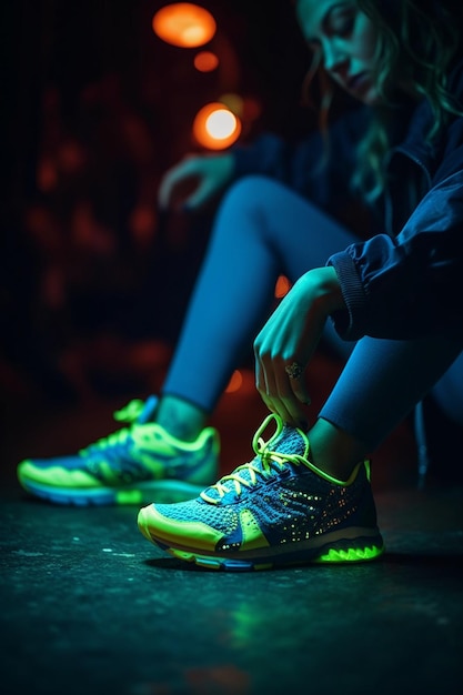 A woman wearing a pair of nike running shoes with a neon glow in the dark.