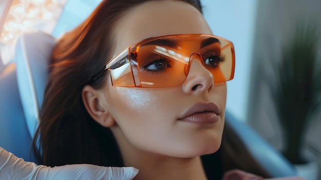 a woman wearing a pair of orange glasses with orange lenses