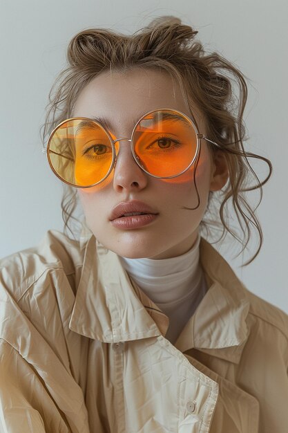 Photo a woman wearing a pair of orange glasses with orange lenses