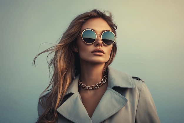 Photo a woman wearing a pair of sunglasses is wearing a tan jacket