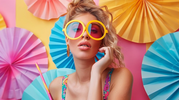 a woman wearing a pair of sunglasses with a blue and red fan on it