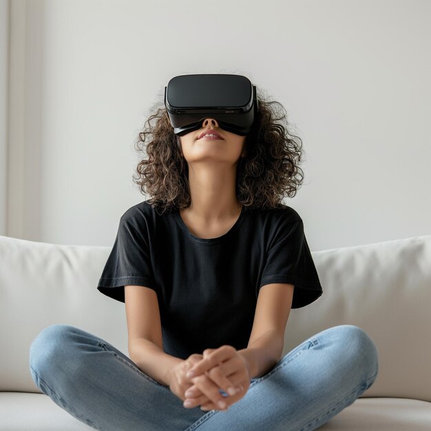 Photo a woman wearing a pair of virtual reality glasses sits on a couch