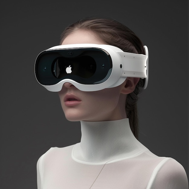 a woman wearing a pair of virtual reality glasses with the apple logo on the face