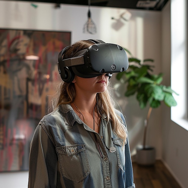 Photo a woman wearing a pair of virtual reality headset