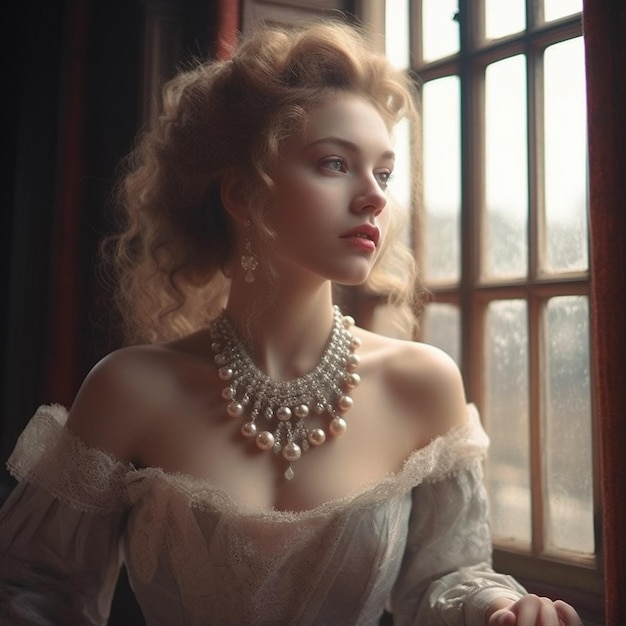 A woman wearing a pearl necklace and a necklace is looking out a window.