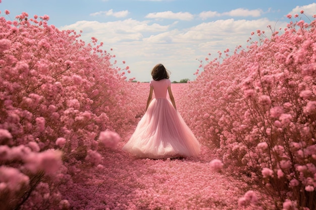 A woman wearing a pink dress and walking pink life