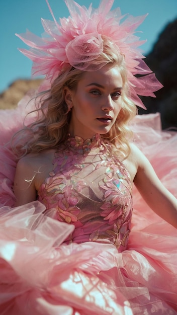 Photo a woman wearing a pink dress with a pink feathered hat