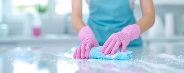 a woman wearing pink gloves and an apron cleaning a table with a pink rag in a white kitchen table with blur kitchen background