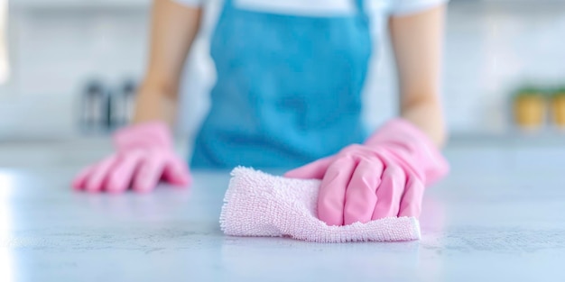 a woman wearing pink gloves and an apron cleaning a table with a pink rag in a white kitchen table with blur kitchen background