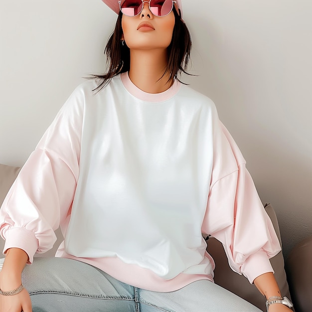 a woman wearing a pink hat and sunglasses sits on a couch