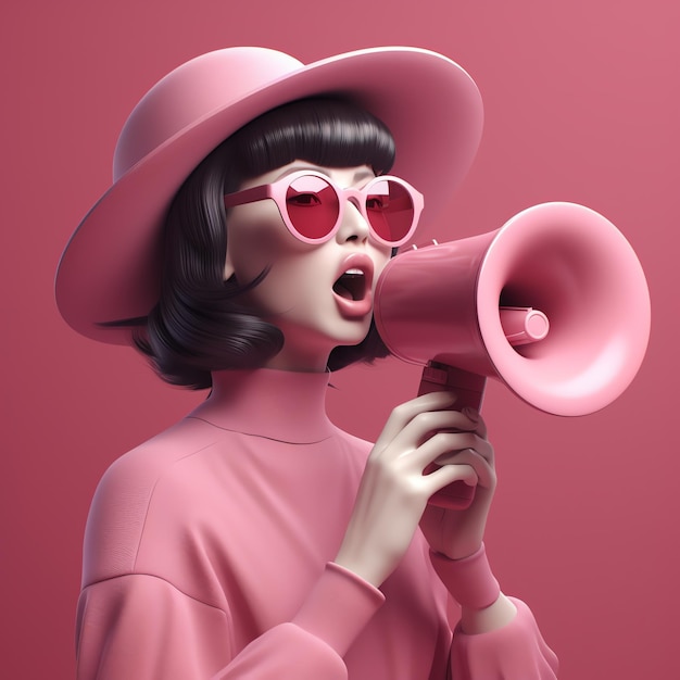 A woman wearing a pink hat and sunglasses speaks into a megaphone.