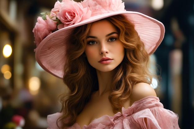 Woman wearing pink hat with flowers on it's brim. Generative AI.