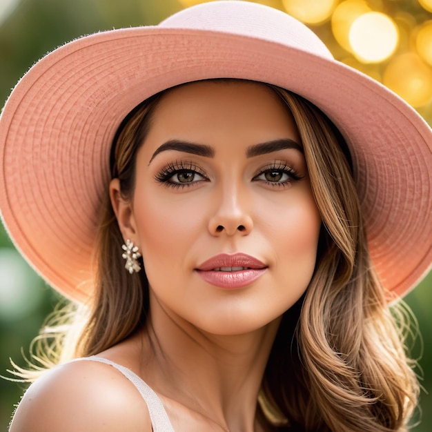 a woman wearing a pink hat with a pink hat on it