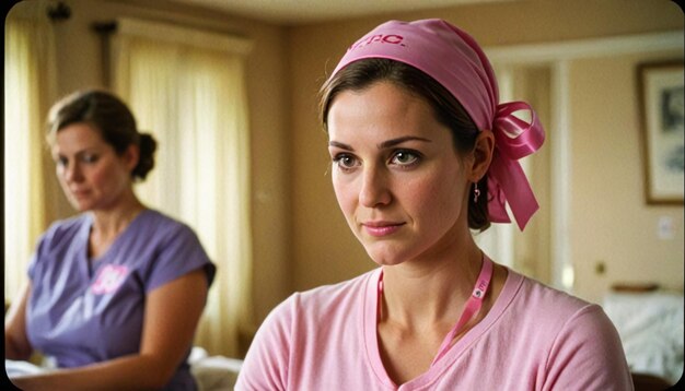 Photo a woman wearing a pink head scarf with a pink ribbon on it