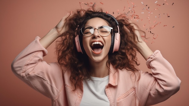 A woman wearing pink headphones and a pink jacket is singing and wearing a pink jacket.