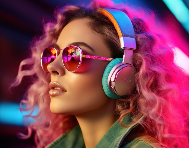 A woman wearing a pink headphones with the word music on the front