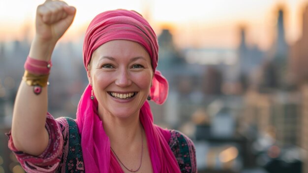 Photo woman wearing a pink headscarf raising her fist in the air with a joyful expression on her face against an urban skyline backdrop