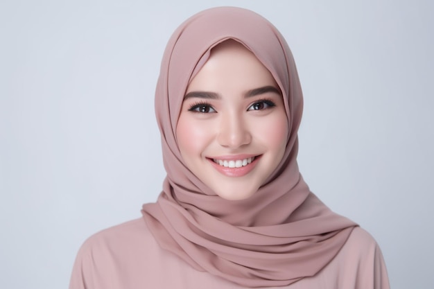 A woman wearing a pink hijab with a white background