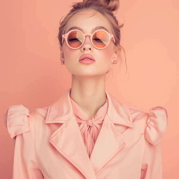 a woman wearing a pink jacket with a pink shirt and a pink shirt with a bow tie