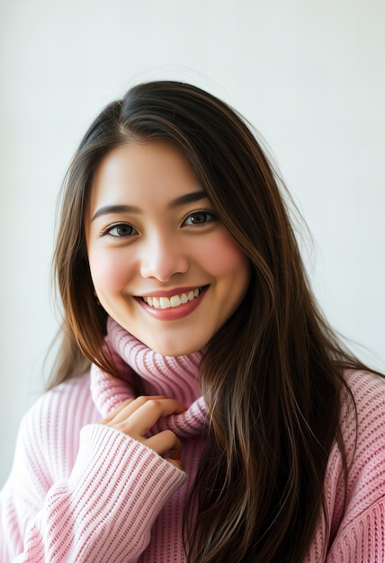 Photo a woman wearing a pink scarf with a smile on her face