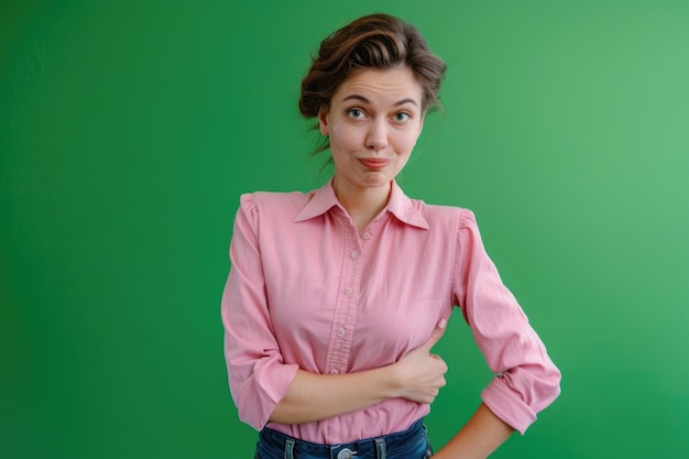 A woman wearing a pink shirt poses for a photo with a neutral background