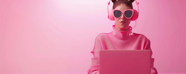 a woman wearing a pink shirt with sunglasses and a laptop in front of her